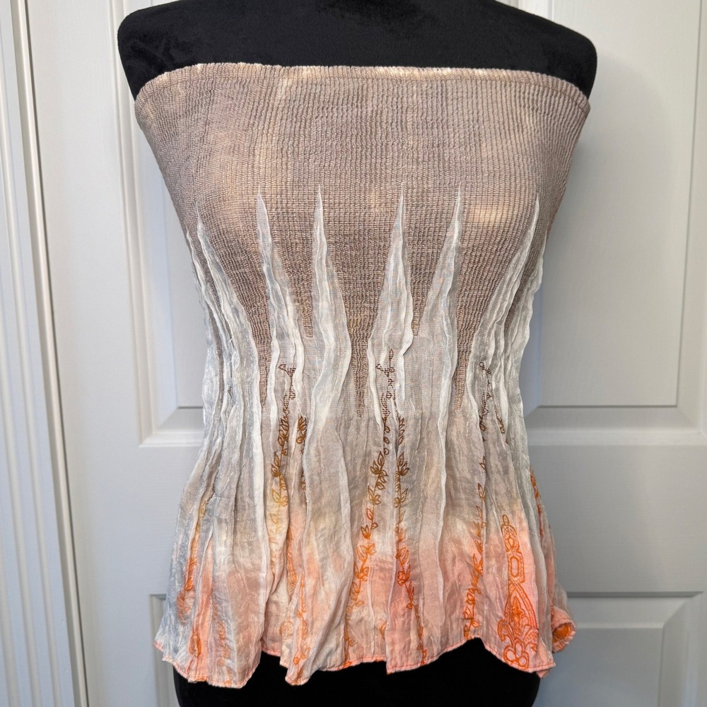 Vintage Y2K SDI Smocked Tube Top Brown Orange Floral Embroidered One Size